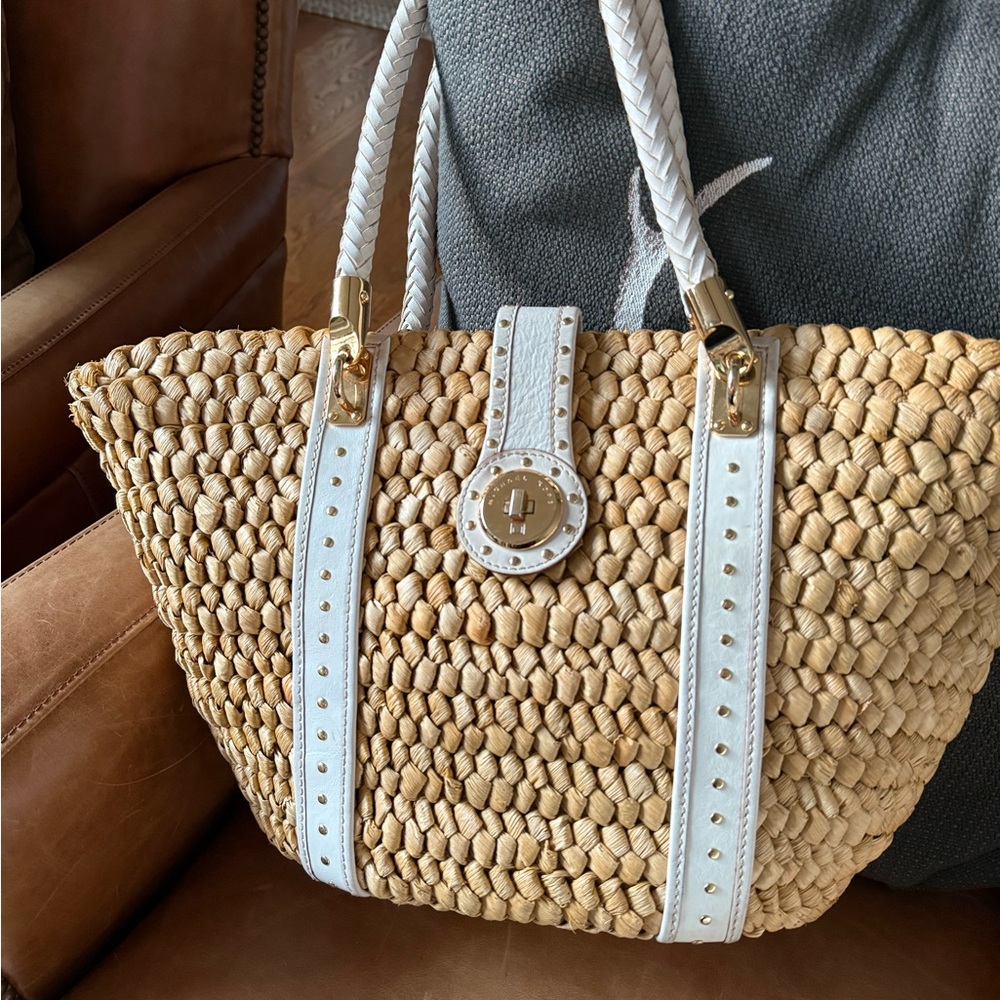 Michael Kors Stylish Tan and White Woven Tote Bag